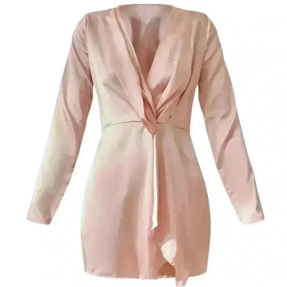 PrettyLittleThing Nude Satin Long Sleeve Wrap Dress - Picture 4 of 13